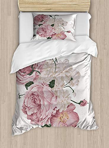 ABAKUHAUS Rose Bettbezugs Set für Einzelbetten, Alte Rosen Corsage Grunge, Milbensicher Allergiker geeignet mit Kissenbezug, 130 x 200 cm, Beige Grün