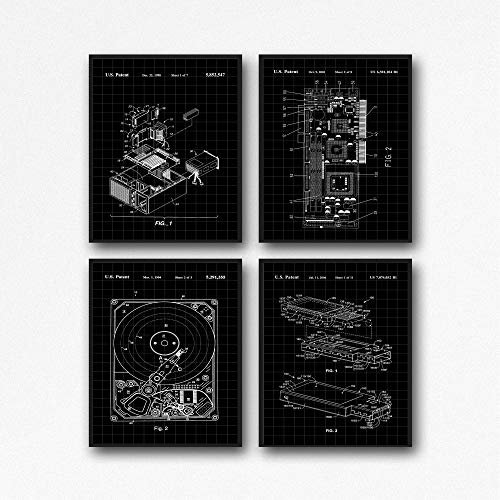 Computer Posters Set of 4 Computer Patent Posters Hard Drive Poster Graphics Card Poster USB Poster Computer Geek Wall Art IT Posters WB160 (13cm x 18cm, Black Grid)