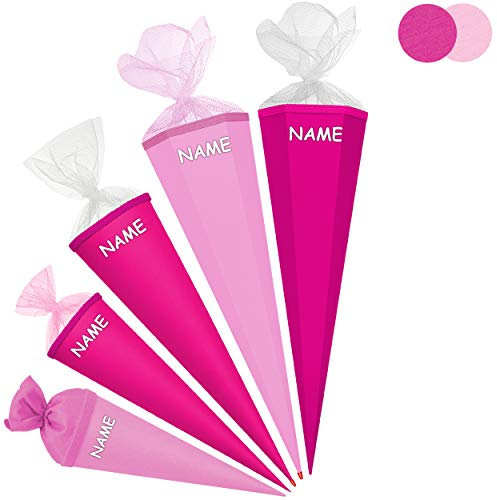 Schultüte - Rohling - ROSA - 85 cm - mit Holzspitze - 6 eckig - inkl. Name - Tüllabschluß - Zuckertüte - Roth - Jungen Mädchen - einfarbig Uni - Schultütenroh..