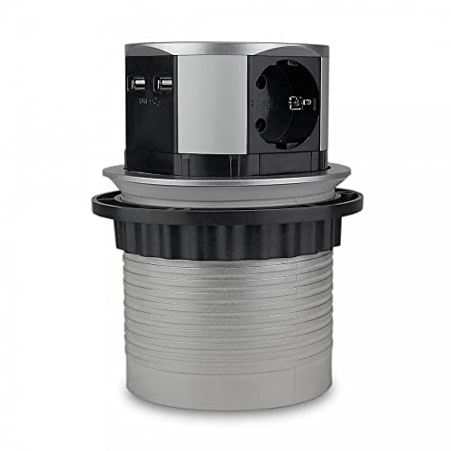 Prise de meuble ronde escamotable grise argentée idéale pour la cuisine et le bureau – 3 prises avec 2 prises USB encastrables avec câble en plastique – Prise de cuisine de bureau
