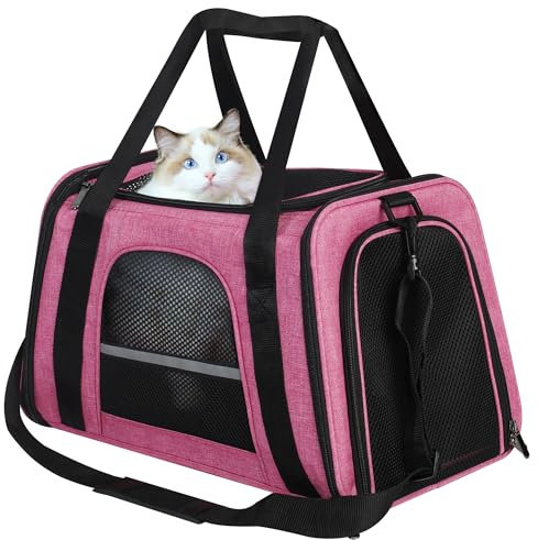 HiCaptain Transporttasche für Katzen Faltbar, mit Schultergurt, Weich Gepolstert, Transportbox für kleine Hunde Welpen bis 7kgs (Pink)-46 x 29 x 30 cm
