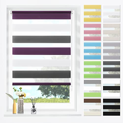 SBARTAR Doppelrollo Klemmfix ohne Bohren & mit Bohren Weiß-anthrazit-aubergine B35 x H130 cm (Stoffbreite 35 cm), Duo Rollo lichtdurchlässig Fensterrollo innen verdunkelnd für Fenster und Tür