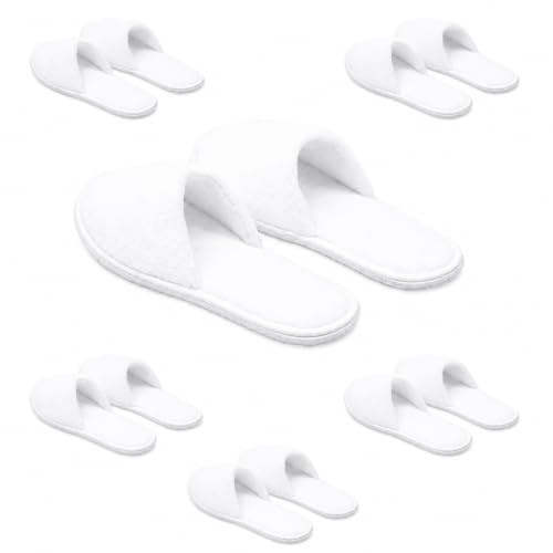 White Spa Slippers for Women - Non-Slip Washable Disposable Hotel Slippers for Guests, Cozy Travel-Friendly Bulk Slippers – Closed Toe House Spa Slippers for Guest - 6-Pack - 3 Medium & 3 Large