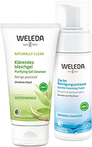 WELEDA Gesichtsreinigung Naturkosmetik Set - Naturally Clear Klärendes Waschgel zur Bekämpfung von Hautunreinheiten + Zarter Reinigungsschaum zur porentiefen Reinigung für normale und Mischhaut
