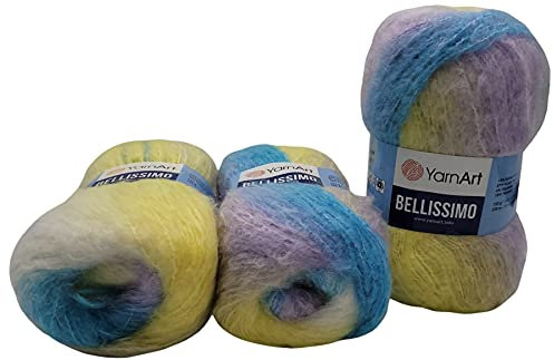 YarnArt Bellissimo 3 x 150 Gramm Mohair Wolle Farbverlauf, Strickwolle (blau rosa gelb weiß 150 g) 1422