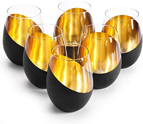 STmea Lot de 6 verres à vin sans pied modernes noirs mats et dorés inclinés – 532 ml