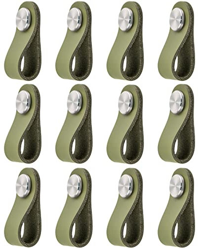 TANGCHEN SHOP Ledergriffe Matcha Grün,Möbelgriffe Leder Ledergriff für Möbel,Einzelloch,18mm Edelstahl Metallkopf Schrankgriffe,12 Pack Handgemachte Einfarbige Schrankknauf Türgriffe, 60 × 26 x 20 mm
