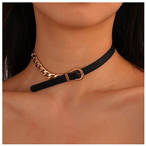 Dervivea Punk Leather Belt Collar Choker Necklace Punk Cuban Chain Link Choker Necklace PU Leather Belt Buckle Necklace Unbalanced Choker Necklace Jewelry for Women and Girls