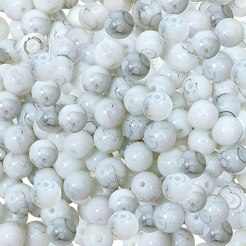 TOAOB 100 Stück 8mm Crackle Glasperlen Weiß Runde Marmor Effekt Lose Perlen Natürliche Bastelperlen für DIY Armbänder Halsketten Schmuckherstellung