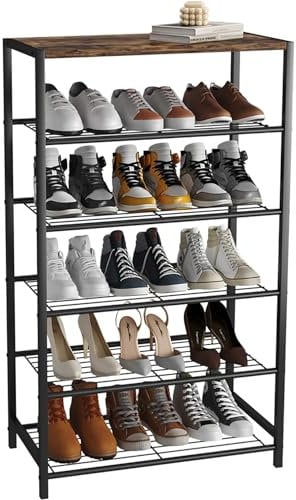 HOME BI 6-Tier Industrial Shoe Rack, Metal Shoe Storage Organizer Shelves with Stable Metal Frame, Shoe Organizer for Closet, Hallway, Entryway, Living Room,Rustic Brown