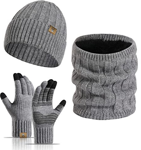 Meajore Winter Mütze schal Handschuhe Herren Set 3 in 1 Gestrickte Warme Beanie Touchscreen Handschuh Damen