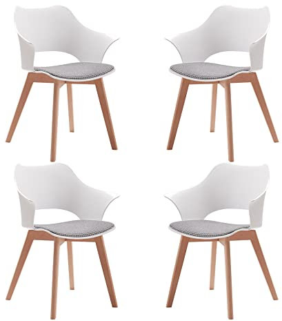 EGOONM 4er Set Moderne Kunststoff-Esszimmerstühle mit massiven Holzbeinen und Stoffpolsterung, Gebogene Rückenlehne Esszimmerstühle mit Armlehne (Weiß)