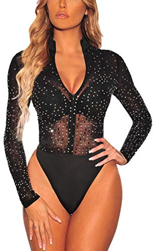 MAYFASEY Women's Sexy Rhinestone Bodysuit V Neck Long Sleeve Jumpsuit Leotard Top, Black, S