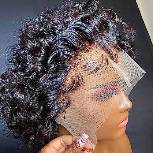 PORSMEER Echthaar Perücke Full Lace Front Schwarz Afro Kinky Curly Bob Wig,Kurze Lockige Haar Perücke für Damen Schwarz 150 Dichte 100% brasilianisches Echthaar für Frauen