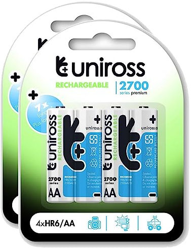 Uniross Pack de 2 x 4 Piles Rechargeables AA/HR6 2700 NIMH HYBRIO, 1.2V