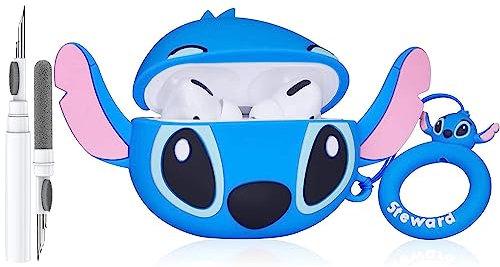 Cute Stitch Case for Airpod 2nd 1st Generation Case, Funny 3D Cartoon Kawaii Cool Airpods Cases Skin with Cleaning Kit & Keychain for Apple Air pod Gen 2 & 1 for Boys Girls Kids Teen, Blue Stitch