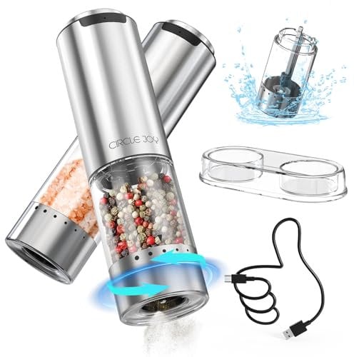 CIRCLE JOY Rechargeable Electric Salt and Pepper Grinder Set with Base, Stainless Steel Pepper Mills with Washable 95ml Container, White LED Light and External Adjustable Coarseness, Silver