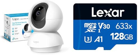 TP-Link Telecamera Wi-Fi Interno, Videocamera sorveglianza 1080P, Visione Notturna, Audio Bidirezionale + Lexar 633x Scheda Micro SD 128 GB, Scheda di Memoria microSDXC UHS-I Con Adattatore SD
