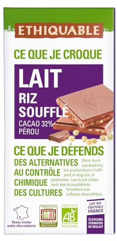 ETHIQUABLE - Tablette chocolat lait riz soufflé Pérou Bio 100g - Vente à l'unité - meilleure offre