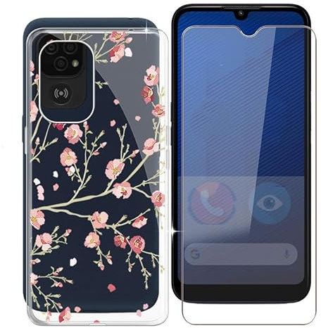 WXPPJ Case for Doro 8200 (6.10 inches), Transparent Silicone Mobile Phone Case Shockproof Scratch-Resistant Protective Cover Soft TPU Case + 9H Hardness Glass Screen Protector for Doro 8200 - Flower