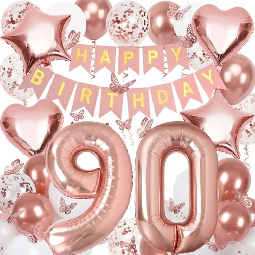 90th Birthday Decorations for Women, Rose Gold 40 Inch Number 90 Foil Birthday Balloons with Happy Birthday Banner and Butterfly Stickers