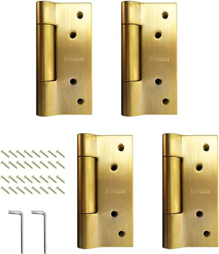 2 Pairs (4pcs) Golden Self-Closing Stainless Steel Door Hinge Spring Door Hinges Brass Heavy Duty Square Thickness 3mm (100mm (4 Inch))