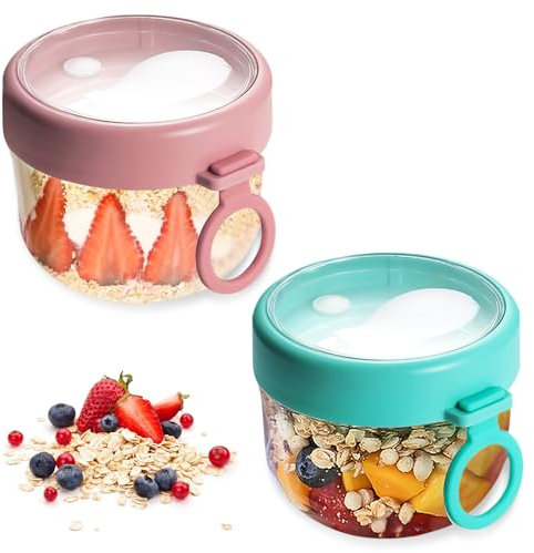 HOMURY Vasos de cereales para llevar con cuchara y tapa, 600 ml a prueba de fugas, vaso de yogur para llevar, recipiente para frutas para el trabajo, la escuela, los viajes (rosa + cian)