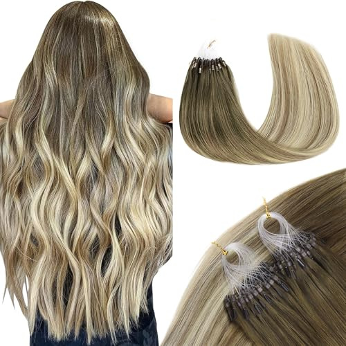 GOO GOO Microring Extensions Echthaar, Haarverlängerungen mit Micro Loop, 35cm 50g 1g/Strand Extensions Echthaar Microring, Cold Fusion Micro Bead, (T3/8)613 Ombre Blond