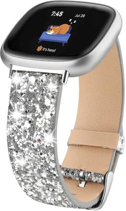 Lcklill Kompatibel mit Fitbit Versa 3/Versa 4/Fitbit Sense/Sense 2 Bändern, Frauen Bling Glitzer Lederarmband Smart Watch Zubehör Bänder