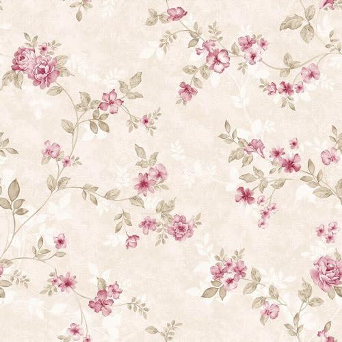 Yullpaper Pink Floral Wallpaper Self Adhesive Botanical Wallpaper Sticky Back Plastic Pink Vinyl Wrap for Furniture Vintage Flower Wallpaper for Living Room Hallway Vinyl Cabinet Cover 44.5 X 1000cm