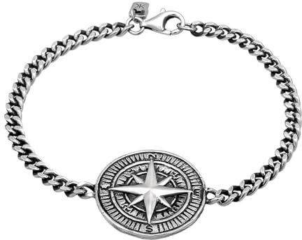 Kuzzoi Buddha Armband Herren Kompass 925 Silber Herrenarmband mit Anhänger Windrose (25 mm) Armband oxidiert für den Mann Länge 19 cm