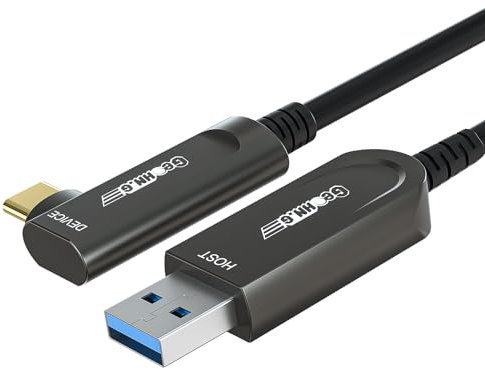 GeoHN.G Cable de fibra óptica USB A a USB C, 15 m, ángulo recto de 90 grados, USB 3.2, 10 Gbps, cable óptico activo USB C de larga distancia para VR/AR, Quest2, cámara web, cámara, mini PC y más