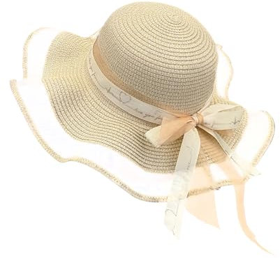 FuninCrea Ladies Sun Hat Wide Brim Straw Hat UPF 50+ Floppy Foldable Summer Hats UV Protection with Elastic Rope and Sweat Band, Beach Hats with Bow for Outdoor (Straw, Beige)