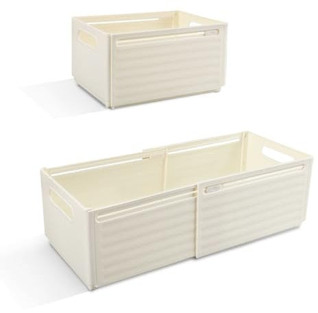 Domigard 2 Stück Ausziehbare Aufbewahrungsbox, Kleiderschrank Organizer Stapelbar, Schrank Organizer Kleiderschrank, Küchen-Organizer-Box für Küche, Bad,Schrank, Schlafzimmer (Cremefarbe )