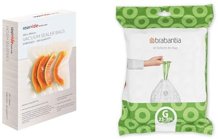 SousVideTools | Vacuum Sealer Bags | Pack of 100 | 20cm x 30cm | Embossed Food Storage & Brabantia PerfectFit Bin Liners (Size G/23-30 Litre) Thick Plastic Trash Bags