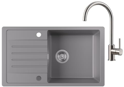CECIPA Evier Cuisine 1 Bac avec Egouttoir,avec Mitigeur Cuisine, Evier Gris en Granit 78 x 45 cm, Lavabo Cuisine 1 bac, Évier Cuisine avec Siphon Classique et Trop-plein