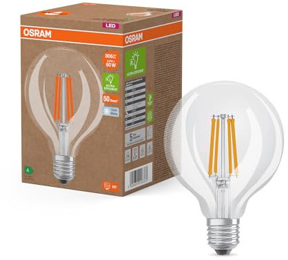 Osram LED Superstar Classic Globe G 95 en forme de bouclassique, corps en verre transparent, 3,8 W, 806 lm,E27, lumière blanc froid de 4000 K, EEK A, diamètre 95 mm.