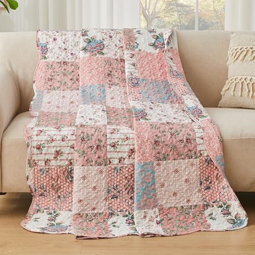 Copriletto Trapuntato Matrimoniale Patchwork,Copriletto Singolo Copriletti Ultrasuoni in Poliestere Leggere, Trapunta Sottile Estivo Primaverile 150x200 Rosa, Coperta Leggera Rustica con Fiori