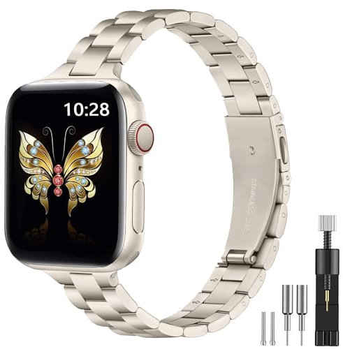 Damen Schlankes Metallarmband Kompatibel mit Apple Watch Armband 38mm 40mm 41mm 42mm 44mm 45mm 46mm 49mm, Edelstahl Armband mit Installationswerkzeug für iWatch Ultra 2, SE Serie 10/9/8/7/6/5/4/3/2/1