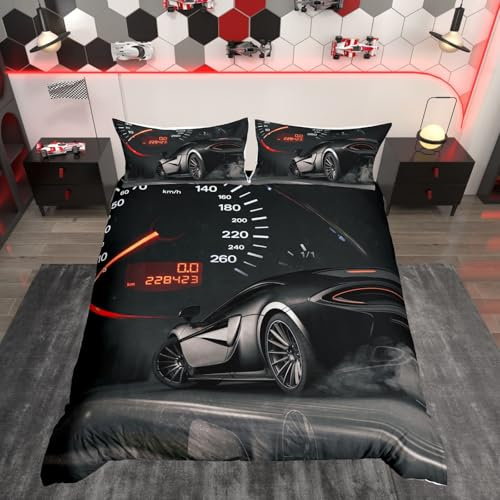 Homewish Black Racing Car Bedding Boys Super King Duvet Cover Kids Race Car Quilt Cover, 3D Printed Microfibre Bedding & Linen Cool Extreme Sports Comforter Cover With 2 Pillowcases