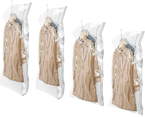 Litinliv Space-Saving Vacuum Bags, 4pcs Hanging Vacuum Storage Bags, with Hand Pump, Closet Organizer and Storage, for Clothes, Suits, Dresses, Coats or Jackets, Reusable (Transparent)
