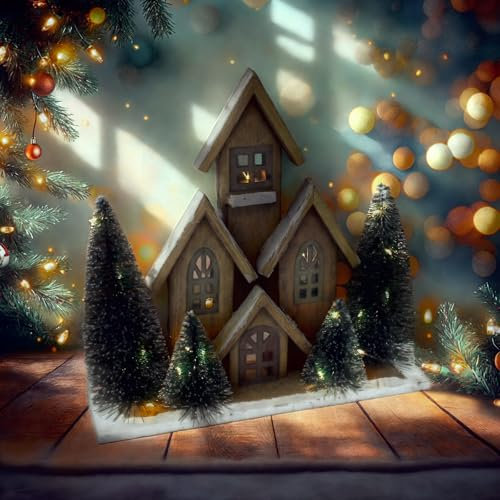 HAGO24 Deko-Weihnachtshaus | Holz | LED-Beleuchtung | Timer | Batteriebetrieben | Kunstschnee | Warmweiß | 32x9x30cm | Stimmungslicht | Tannenbaum Deko | Winterflair
