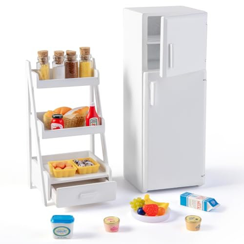 Minamzee 1:12 Dollhouses Kitchen Furniture Set, 36Pcs Miniature Wooden Refrigerator with Storage Rack & Food Decoration Accessories for Kitchen,Living Room