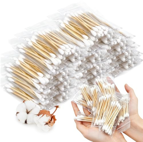 Lot de 1000 cotons-tiges en bambou pour oreilles, emballés individuellement à bout rond, bâtonnets d'oreille biologiques, pour le maquillage, l'hôtel, le camping
