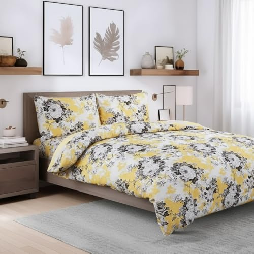 ZIYA HOMES King Size Size Duvet Cover Set Polycotton 3 Piece - Printed Reversible Bedding, Soft Easy Care Quilt Cover with Pillowcases (Vintage Floral Gold, 230x220 cm)