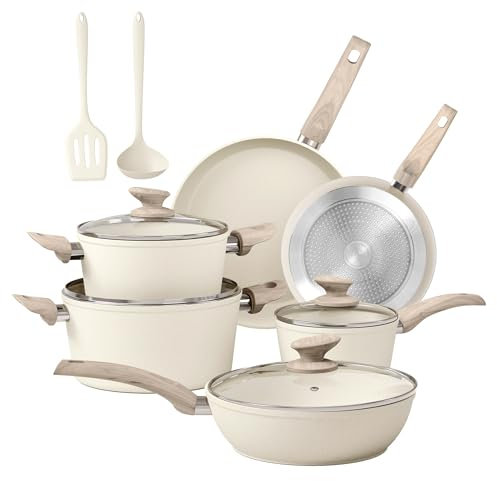 DisDelight Pots and Pans Set Non Stick, Nonstick Induction Granite Kitchen Cookware Sets, Induction Nonstick Granite Cooking Set, Induction Cookware Cooking Pan Set, Pan Sets for Cooking, Cream White