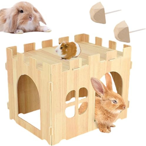 AzulLanse Kaninchen Holzhaus, Kaninchen Spielhaus Verstecken 40 * 30 * 28cm Lebensräume Indoor für Meerschweinchen Chinchilla Igel Hamster Rennmaus,2 Molar Stein.