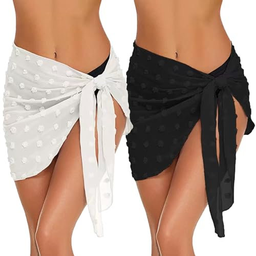TYXHXTF 2 Piezas Pareos Playa para Mujer, 50 x 180 cm, Falda Pareo Sexy Sarong para Bikini, Traje de Baño, Chal (Negro, Blanco)