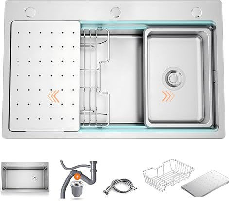 ATHOMASM Fregadero de Cocina Plateado Monocubeta 70x50cm con Escurridera - Acero Inoxidable Resistente Sin Grifo - Lavadero Moderno Grande para Cocinas