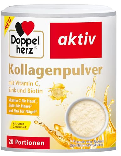 Doppelherz Kollagenpulver mit Vitamin C, Zink und Biotin, 5000 mg Kollagenhydrolysat je 7,5 g Pulver, 40 Portionen, Pfirsich-Eistee Geschmack, 300 gn